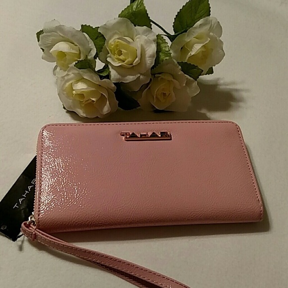 Tahari Handbags - Tahari Pink Patent Leather Wristlet With Leopard Print Inside Design New